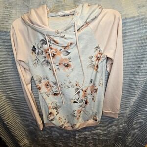 12PM by Mon Ami Floral Print Hoodie Sweatshirt Light Pink Light Blue Size S